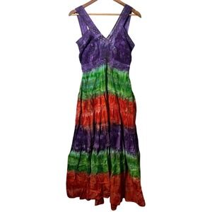 Kaaku Tie Dye Boho Maxi Dress S Festival Hippie Cottagecore Rainbow